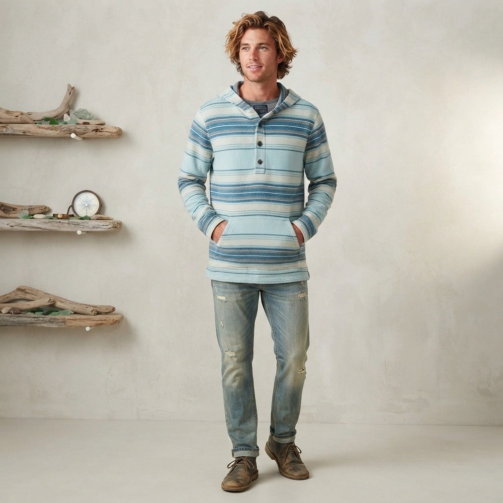 Pendleton Surf Blue Striped Henley Hoodie Mens Large Gorpcore Nautical Preppy